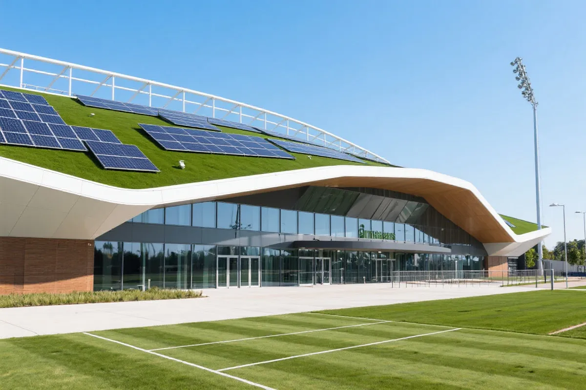 可持续体育场外观,绿色屋顶与太阳能板
